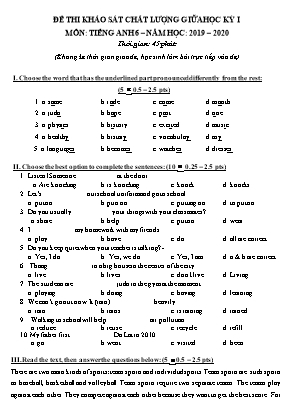Đề thi khảo sát chất lượng giữa học kỳ I môn Tiếng Anh Lớp 6+7+8+9 - Năm học 2019-2020 - Phòng Giáo dục và đào tạo Thanh Oai (Có đáp án)